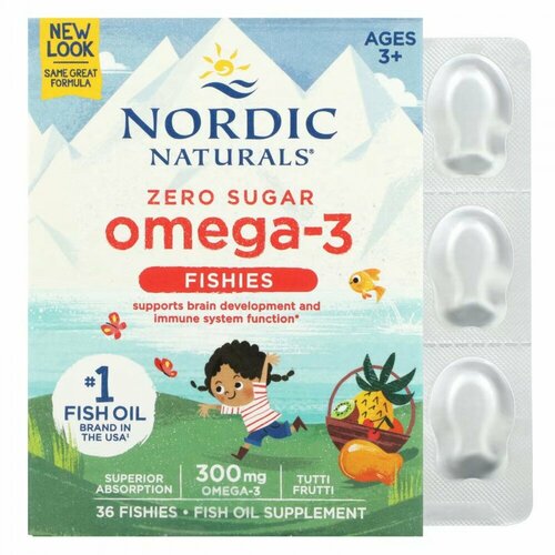 Nordic Naturals, Nordic Omega-3 Fishies, рыбки с омега-3, для детей от 2 лет, вкус тутти-фрутти, 300 мг, 36 рыбок фотография