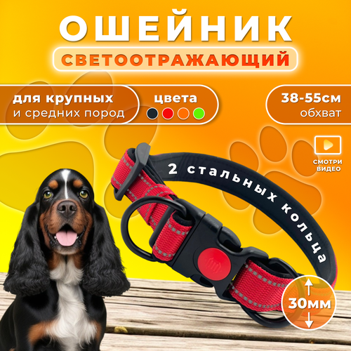 Ошейник Doggy&Dog Shop, для крупных и средних собак, с двумя кольцами, светоотражающий, красный фотография