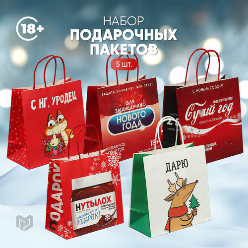 Набор подарочных пакетов «Новогодний праздник», 5 шт, 22 х 22 х 11 см, Новый Год фотография