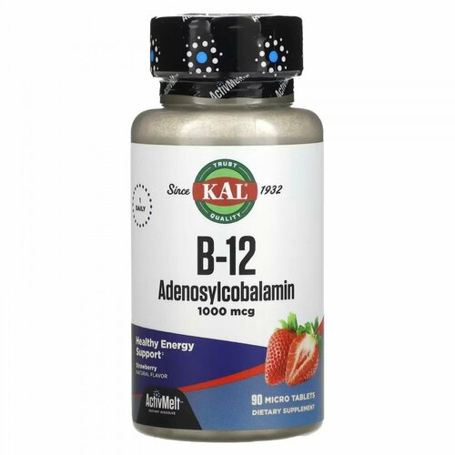 KAL, B-12 Adenosylcobalamin, Strawberry, 1,000 mcg, 90 Micro Tablets фотография