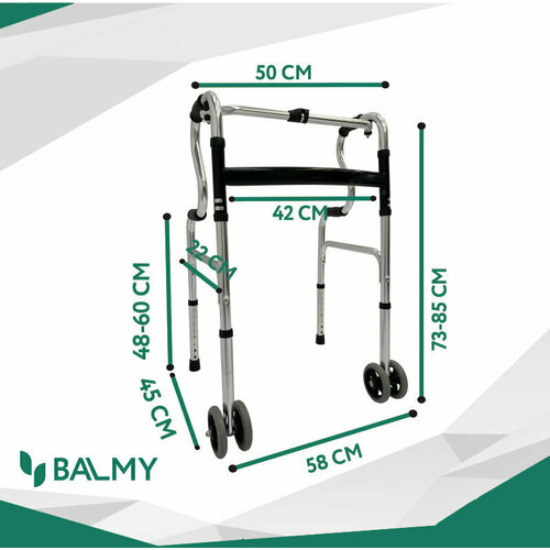 Ходунки BALMY 102 для пожилых людей с колесами, с двухуровневыми поручнями складные, двойные колёса купить за 4780 руб, фото