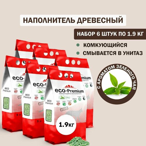 Наполнитель для кошачьего туалета комкующийся древесный ECO Premium Зеленый чай 6шт х 1.9кг купить за 3120 руб, фото