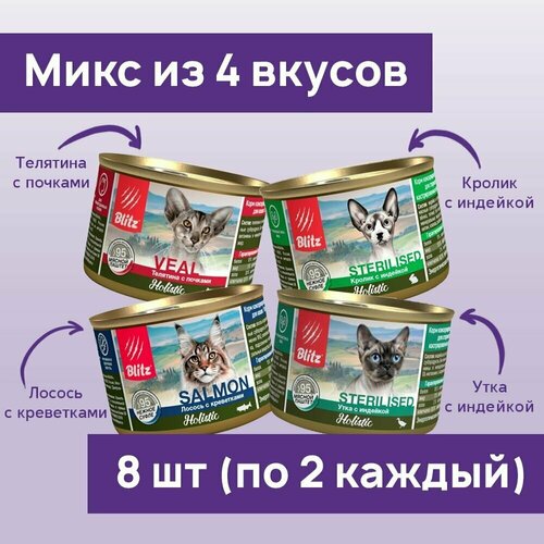 Влажный корм для кошек Blitz Holistic 200г*8шт Микс из четырёх вкусов консервы фотография