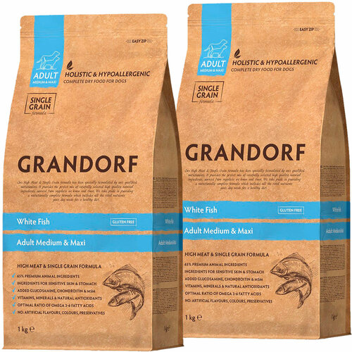 GRANDORF SINGLE GRAIN DOG ADULT MEDIUM & MAXI WHITE FISH низкозерновой для взрослых собак средних и крупных пород с белой рыбой (1 + 1 кг) фотография