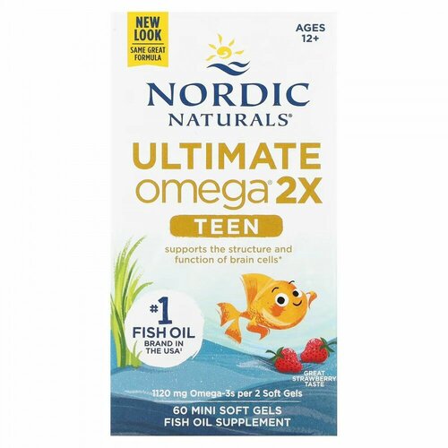 Nordic Naturals, Ultimate Omega 2X Teen, для подростков от 12 до 18 лет, со вкусом клубники, 60 мини-капсул фотография