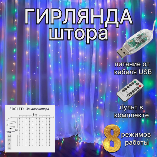 Гирлянда штора RGB (цветная) питание от USB фотография