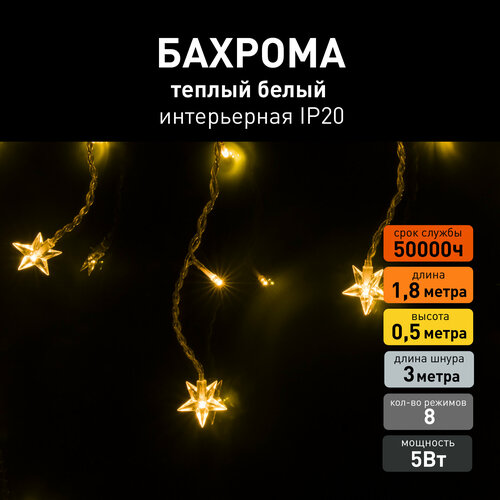 Гирлянда бахрома Eurosvet 100-002 теплый белый свет, IP20, 1,8х0,5 метра, 8 режимов фотография