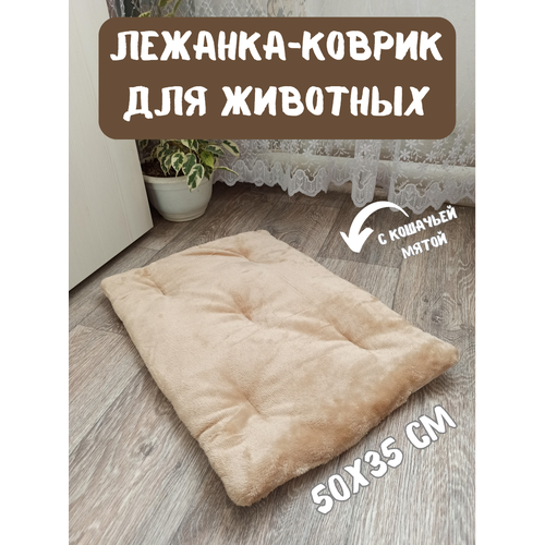 Лежанка-коврик подстилка для животных, 50х35 см, лежак для кошек с кошачьей мятой бежевая фотография