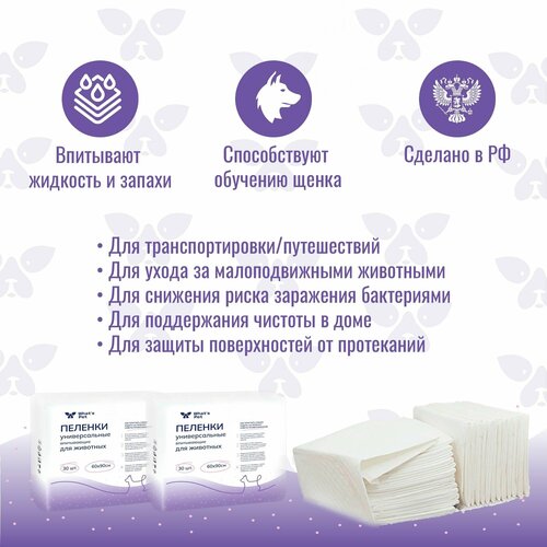 Пеленки одноразовые для животных What's Pet 60х40 см. 30 шт фотография