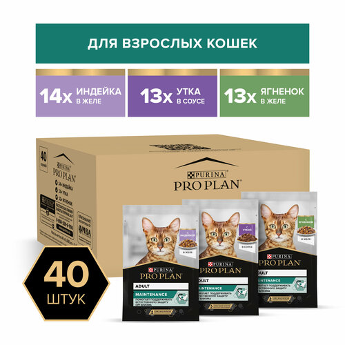 PRO PLAN 40x85 г влажный корм для взрослых кошек, вкусные кусочки с индейкой в желе, нежные кусочки с уткой в соусе, вкусные кусочки с ягненком в желе MIX купить за 2547 руб, фото