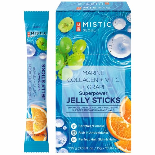 MISTIC MARINE COLLAGEN + VIT C + GRAPE SUPERPOWER JELLY STICKS, 15pcs*15g/box cуперпауэр коллагеновые желейные палочки со вкусом винограда И С витамин фотография