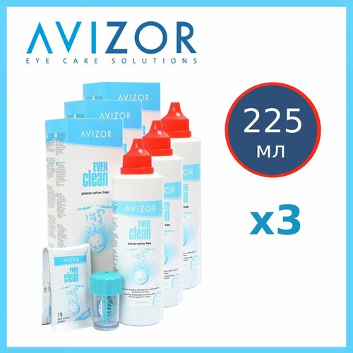 Раствор Avizor Ever Clean 225 мл + 30 таблеток х3, с контейнером для контактных линз фотография