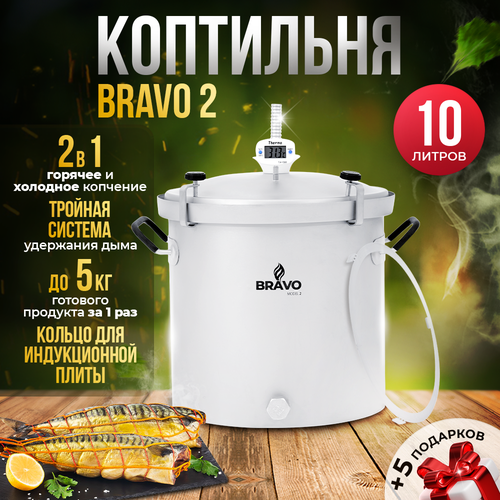 Коптильня Bravo 2 10 л, для горячего и холодного копчения, кольцо для индукции в комплекте купить за 10925 руб, фото