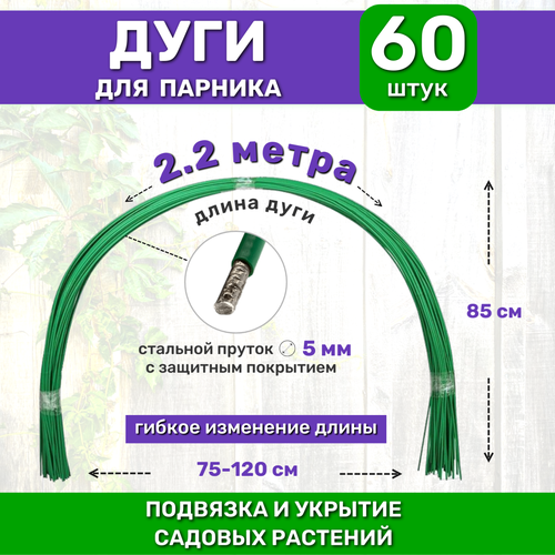 Дуги металлические в ПВХ, пруток d-6 мм, длина 2.2 м (в комплекте 60 дуг) купить за 8483 руб, фото