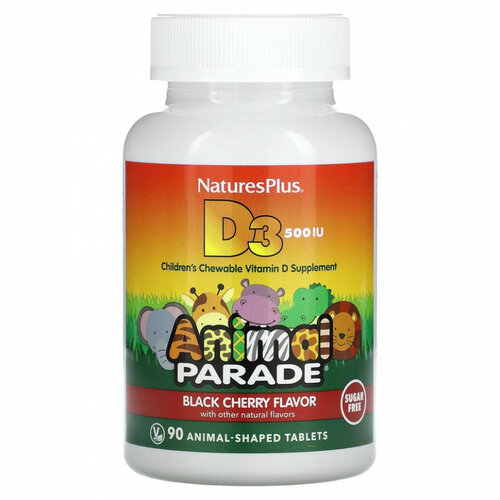 Таблетки Natures Plus Animal Parade Vitamin D3, без сахара, 43 г, 500 МЕ, 90 шт. купить за 1360 руб, фото