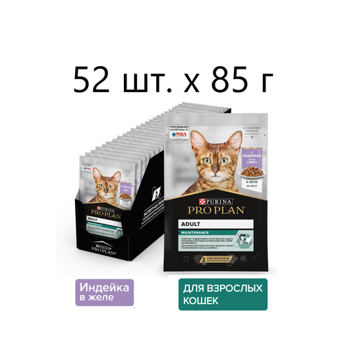 Влажный корм для кошек Purina Pro Plan Adult Maintenance with Turkey, для взрослых, индейка, 52 шт. х 85 г (кусочки в желе) фотография