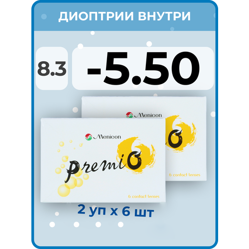 Контактные линзы Menicon Premio, 12 шт., R 8,3, D -5,5, бесцветный, 2 уп. фотография