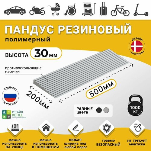 Пандус полимерный рубеж для порогов высотой 3 см (30х500х200 мм), серый, для колясок, склада и автомобилей фотография