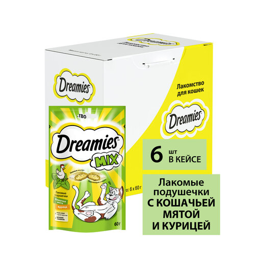 Лакомство для кошек  Dreamies Подушечки Mix, 360 г 6 уп. (шоу бокс) птица купить за 449 руб, фото