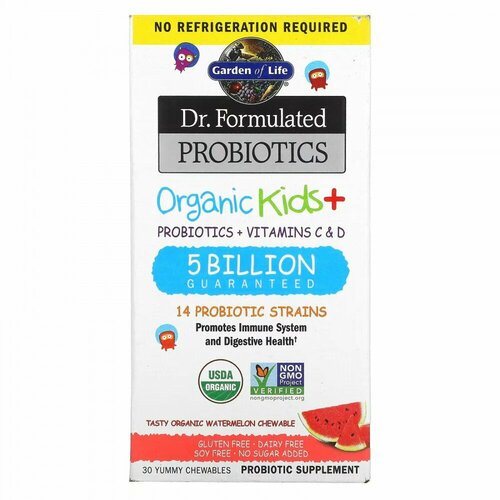 Garden of Life, Dr. Formulated Probiotics, Organic Kids +, со вкусом органического арбуза, 30 вкусных жевательных таблеток фотография