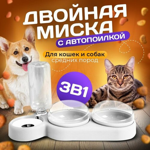 Миска 3 в 1 белая/автопоилка/для животных, для кошек и собак/на подставке купить за 689 руб, фото