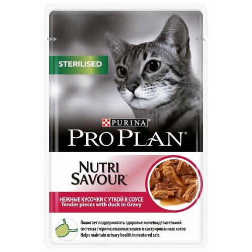 Влажный корм для стерилизованных кошек и кастрированных котов Pro Plan Nutri savour, с уткой 8 шт. х 85 г (кусочки в соусе) купить за 1070 руб, фото