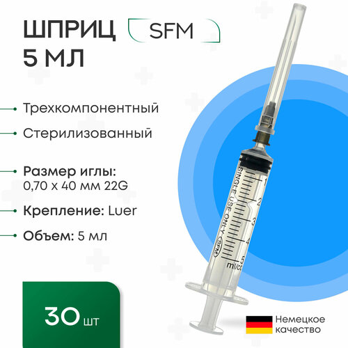 Шприц 5 мл. (3-х) SFM, Германия одноразовый стерилизованный с надетой иглой 0,70 х 40 - 22G (блистер) 30 шт. фотография