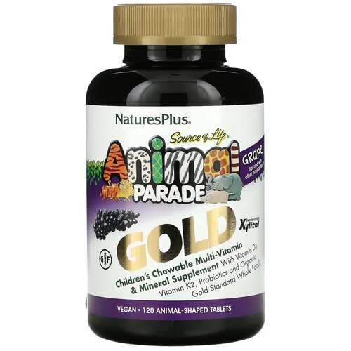 Nature's Plus Source of Life Animal Parade Gold Мультивитамины и минералы для детей, вкус натуральный виноград, 120 таб. В форме животных фотография