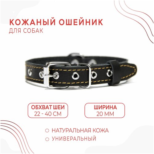 Кожаный ошейник (обхват шеи 22-40 см) для собак Чёрный купить за 370 руб, фото