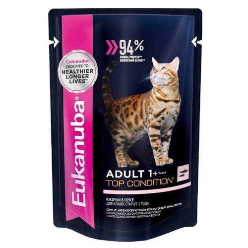 Влажный корм для кошек Eukanuba Top Condition, для здоровья кожи и блеска шерсти, с лососем 16 шт. х 85 г (кусочки в соусе) фотография