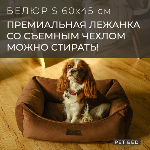 Лежанка для собак мелких пород со съемным чехлом PET BED Велюр, размер S 60х45 см, коричневая купить за 4990 руб, фото