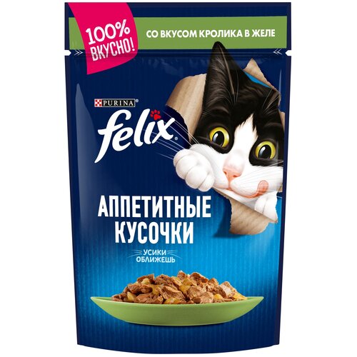 Влажный корм для взрослых кошек Felix Аппетитные кусочки, с кроликом 25 шт. х 75 г (кусочки в желе) фотография