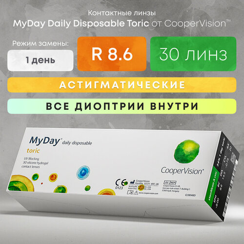 Контактные линзы CooperVision MyDay daily disposable toric, 30 шт., R 8,6, D -2,5, CYL: -0,75, AХ: 70, прозрачный, 1 уп. фотография