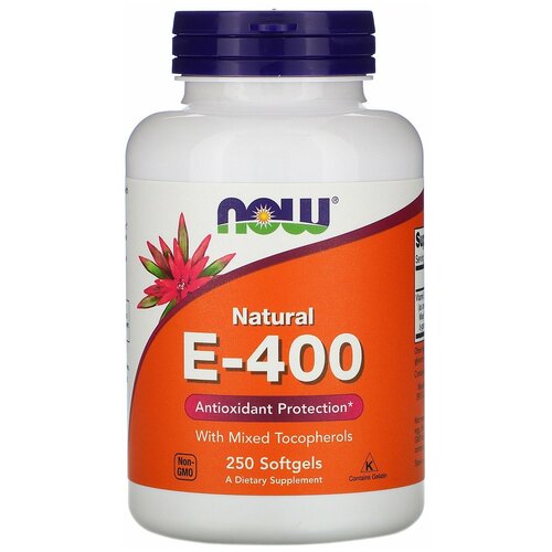 Капсулы NOW Natural E-400 with Mixed Tocopherols, 240 г, 250 мл, 400 МЕ, 250 шт. купить за 3989 руб, фото