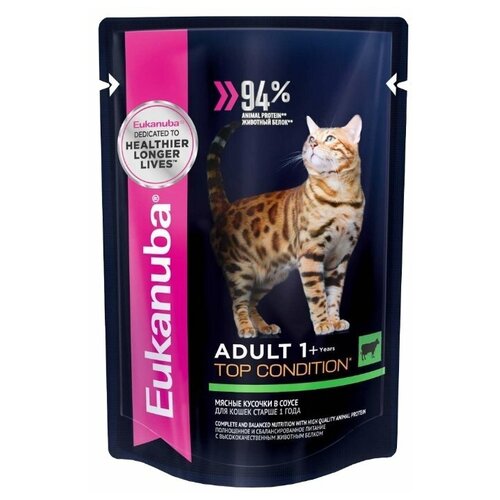 Влажный корм для кошек Eukanuba Top Condition, для здоровья кожи и блеска шерсти, с говядиной 10 шт. х 85 г (кусочки в соусе) фотография