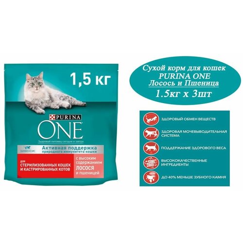 Сухой корм для кошек Purina ONE Sterilised 1.5кг х 3шт для стерилизованных, с лососем и пшеницей фотография