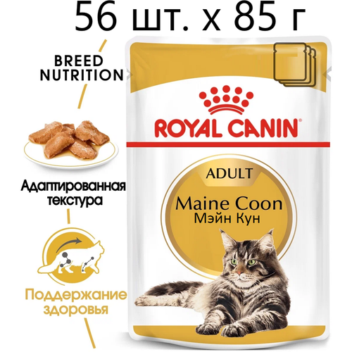 Влажный корм для кошек Royal Canin Maine Coon Adult, для взрослых кошек породы мейн-кун, 56 шт. х 85 г (кусочки в соусе) купить за 6196 руб, фото