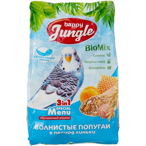 Happy Jungle Корм Special Menu для волнистых попугаев в период линьки, 500 г купить за 209 руб, фото