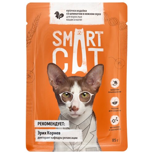 Влажный корм для взрослых кошек и котят Smart Cat Кусочки индейки со шпинатом в нежном соусе 25 шт. х 85 г (кусочки в соусе) купить за 1949 руб, фото