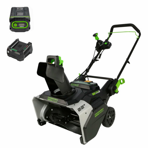 Снегоуборщик аккумуляторный Greenworks GD82STK8 82V, бесщеточный, ширина захвата 56 см, высота захвата 33 см, комплект АКБ 8 Ач + быстрое ЗУ купить за 87990 руб, фото