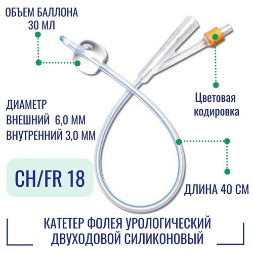 Катетер урологический Фолея Alba [двухходовой, силиконовый] размер 18 Fr, 40 см, баллон 30 мл фотография