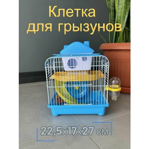 Клетка для грызунов 22.5х17х27 см, два входа ручка, поилка кормушка, колесо горка домик, голубой купить за 1078 руб, фото