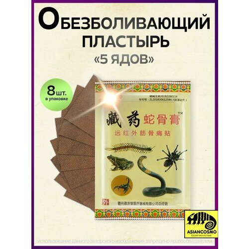 Китайский обезболивающий пластырь 5 ядов Змея, сороконожка, скорпион, жаба, тарантул, в упаковке 8 шт. фотография