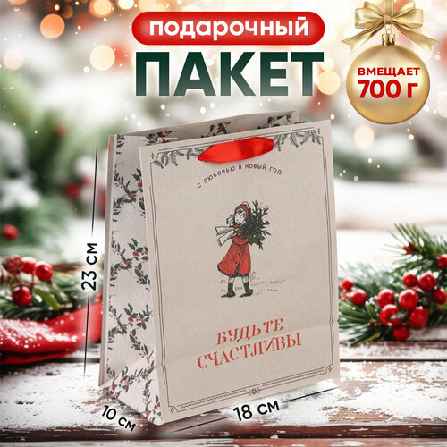 Пакет подарочный «Будьте счастливы», MS 18 х 23 х 10 см, Новый год фотография