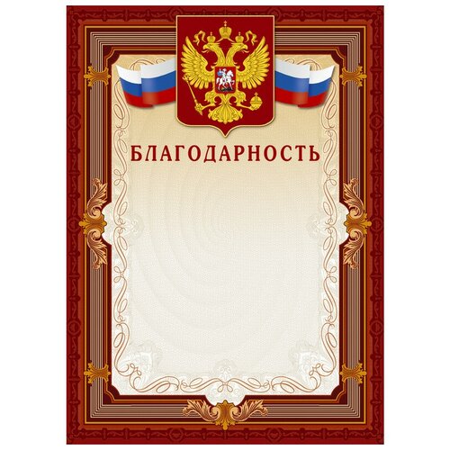 Благодарность Комус А4 230 г/кв. м 10 штук в упаковке (коричневая рамка, герб, триколор, А4-41/Б) фотография