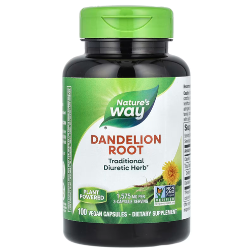 Nature's Way, dandelion root, корень одуванчика, 525 мг, 100 веганских капсул купить за 1250 руб, фото