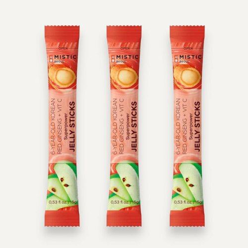 MISTIC 6-YEAR OLD KOREAN RED GINSENG+VIT C SUPERPOWER JELLY STICKS суперпауэр желейные палочки С 6-ЛЕТНИМ корейским красным женьшенем И витамином С со вкусом яблока 3шт*15г фотография