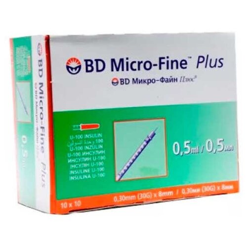 Шприц инсулиновый BD Micro-Fine Plus U-100 трехкомпонентный, 8 мм x 0.3 мм, размер: 30G, 0.5 мл, 100 шт. фотография