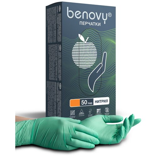 Перчатки смотровые Benovy Nitrile Multicolor текстурированные на пальцах, 50 пар, размер: M, цвет: зеленый, 1 уп. купить за 595 руб, фото