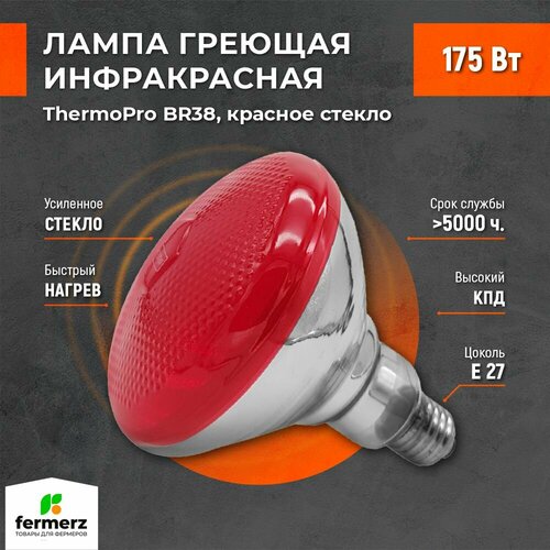 Лампа для обогрева ThermoPro BR38 175W Цоколь E27 красное стекло. Лампа рефлекторная зеркальная для обогрева , для нужд пищевых производств, сушки лаков , ветеринарных нужд , пастеризации продуктов фотография